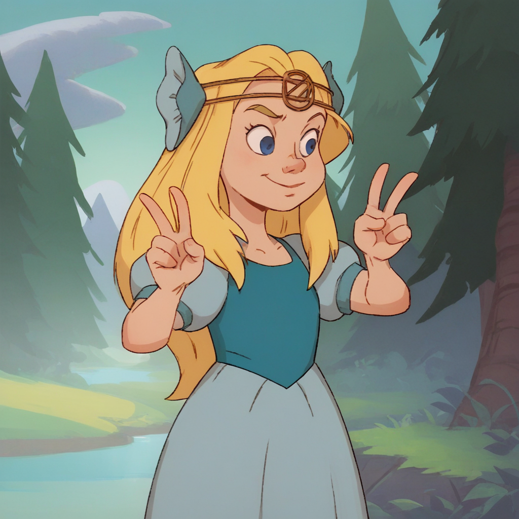 score_9_up, score_8_up, BREAK, Andrea, 1girl, solo, blonde hair, long hair, blue eyes, dress, cowboy shot, <lora:Andrea_TheOzKids_PXL_Leaf3-000014:1>, outdoors, forest, double v,