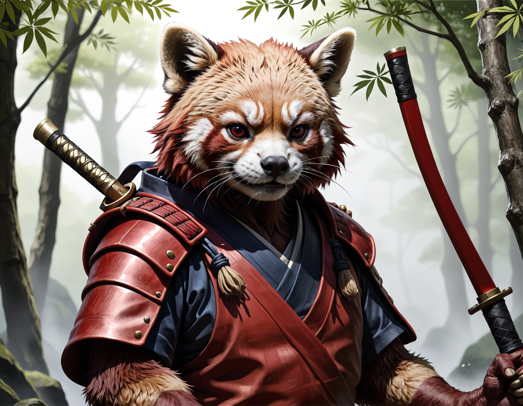 Ukyo-E drawing of a red panda samurai