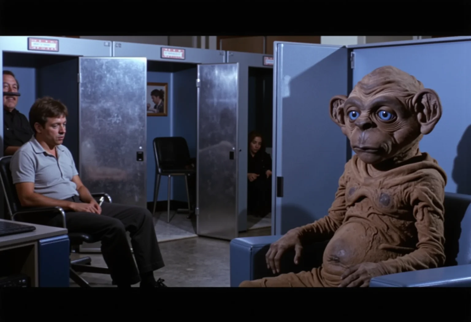A low budget b-movie still, an image where Nukie the knockoff alien is salmon radioactive in a seedy adult video store, eying up a homeless man passed out in the corner of the private viewing booths in the back., superimposed VFX background, uneven lighting, amateur style, 2D, flat