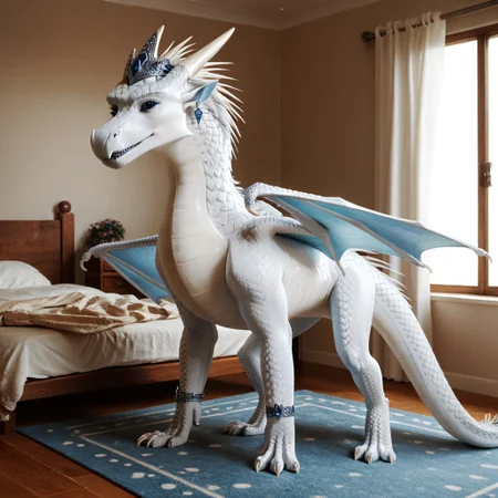 score_9, score_8_up, score_7_up, score_6_up, score_5_up, score_4_up, masterpiece, high quality, realistic, detailed, best quality, (bright room, natural light), solo, rating_safe, source_furry, bedroom, smiling, seductive, looking at viewer, standing, Snowfall_wof, Icewing, icewing spikes, white scales, dragon, horns, claws, wings, tail, blue eyes, tiara, earring, female, 1girl, detailed eyes, detailed face