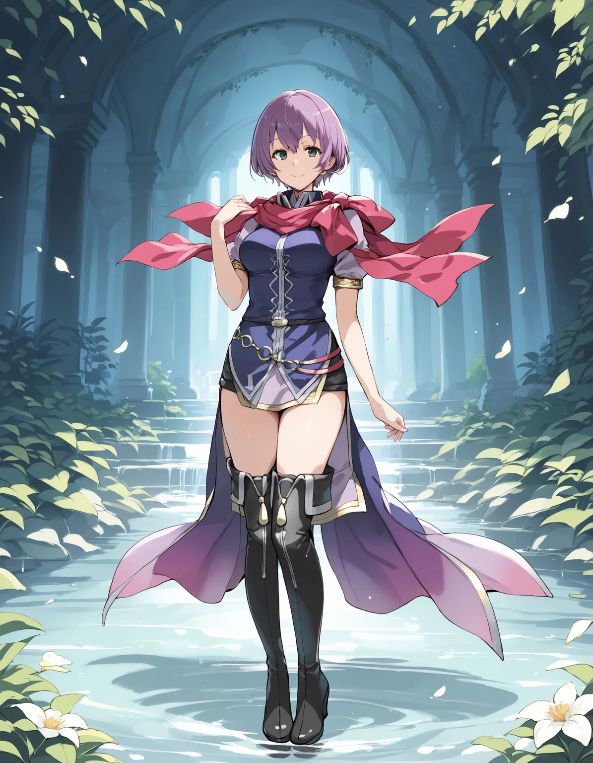 score_9, score_8_up, score_7_up, score_6_up, BREAK source_anime, best quality, masterpiece,
1girl,<lora:katarina fehPonyXL:0.8>,katarina feh,scarf,purple dress,black belt,o-ring belt,black shorts,thigh boots,full body,standing,smile,looking at viewer
