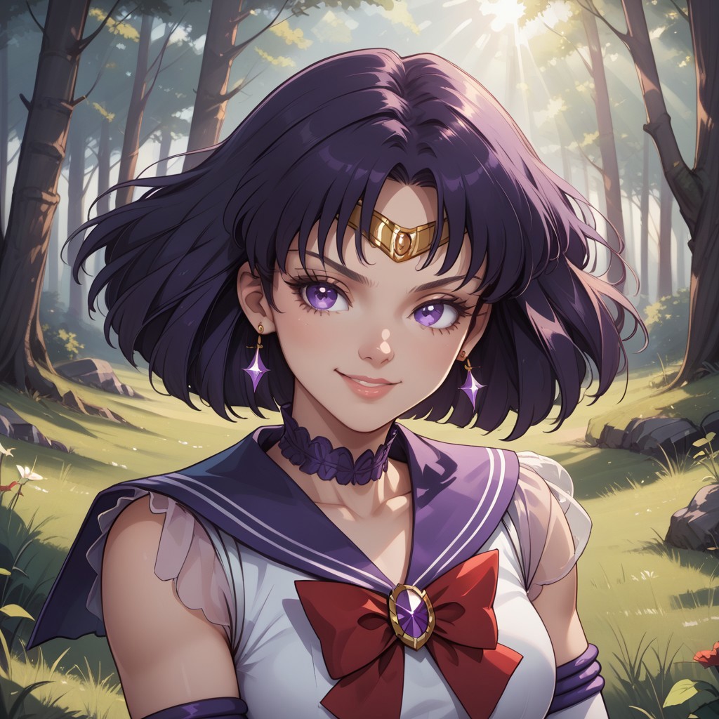 score_9, score_8, BREAK, Sailor Saturn, 1girl, bob cut,tiara,earrings,sailor senshi uniform,purple eyes, purple choker, purple sailor collar, red bowtie, white shirt, elbow gloves, white gloves, pleated skirt, purple miniskirt, sexy pose, self portrait, smile, outdoors, sunlight, shadows, evening lighting, natural lighting, forest, trees, grass, orange sky, sunset