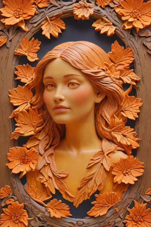 zPDXLxxx,score_9,score_8_up,score_7_up,score_6_up,score_5_up,score_4_up,<lora:Turbo_XL:1>,<lora:wooden_carved_bas-relief:1>,(wood carving, wooden carved bas-relief, wooden texture, glossy, lacquered:1),the color palette is dark in colors of orange and yellow,(upper body, portriet:1.3),frame,butterfly,flowers,leafy,, maximum details