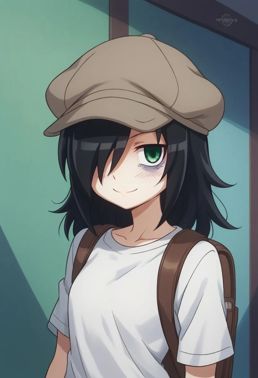 score_9, score_8_up, score_7_up, source_anime, highly detailed,
tomoko, 1girl, solo, black hair bags under eyes green eyes, hair over one eye, hat,
long hair, smile, cabbie hat, parody, blush,
indoor,