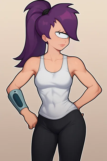 score_9, score_7_up, BREAK, <lora:troglor-guy-PONYv1:1>, 1girl, solo, <lora:turangaleela-guy-PONYv1:0.95> turangaleela, one-eyed, ponytail, tank top, black pants
