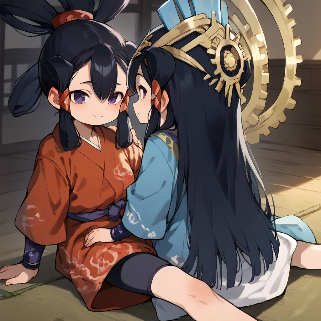 2girls, multiple girls,  score_7_up,  score_8_up,  score_9, source anime, masterpiece,wood floor, inside room, Dutch angle,  wood floor, looking at each other, 
ADDBASE,
<lora:Sakuna:1> purple eyes, black hair, hair rings, hair tubes, red kimono, japanese clothes, short kimono, bike shorts, wristbands, leg warmers, sandals, child, smile, lying on floor, , 
ADDCOL,
 <lora:KokorowaHime:1> kokorowahime, long hair, headpiece, kokorowafuku, KokoroGear, geta, platform_footwear, tabi, kid, child, blush, smile,sitting in kneeling position on floor, hug from behind,