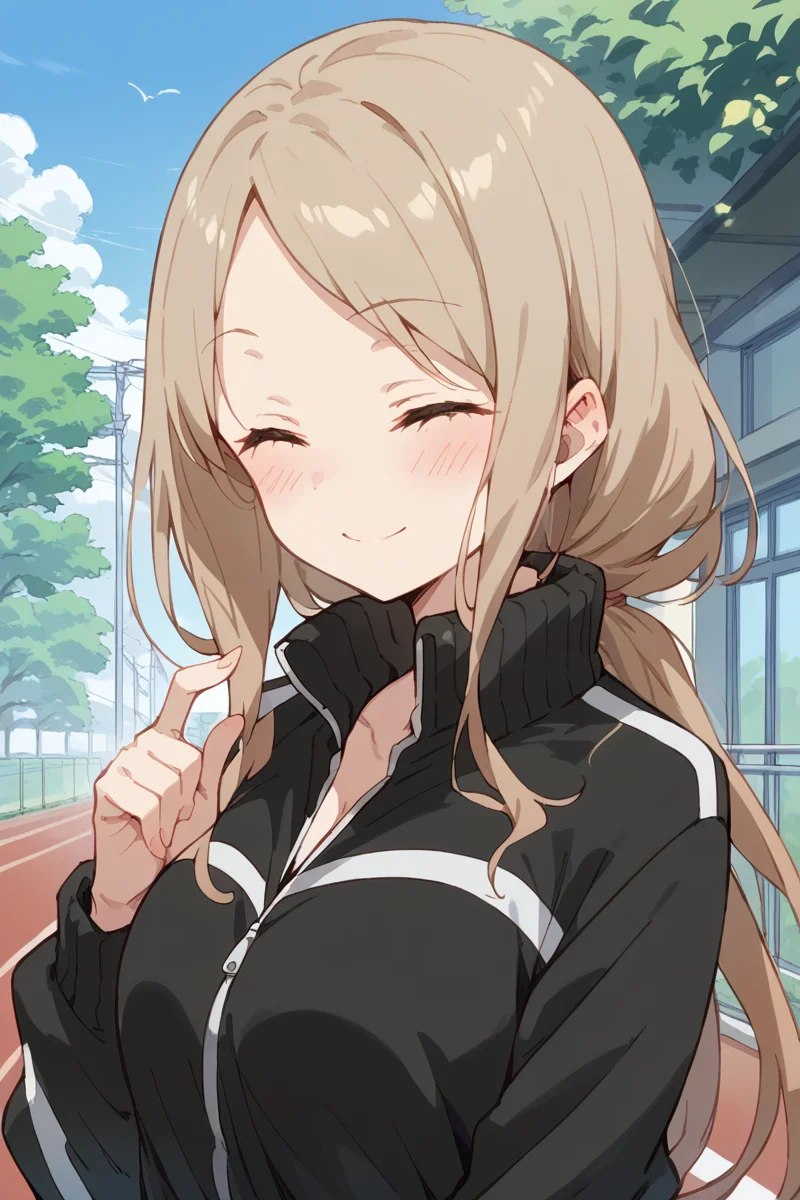 score_9, score_8_up, score_7_up, score_6_up,
<lora:Kotone_Noda:1> kotone, 1girl, solo, long hair, closed eyes, smile, blush, jacket, track jacket, brown hair