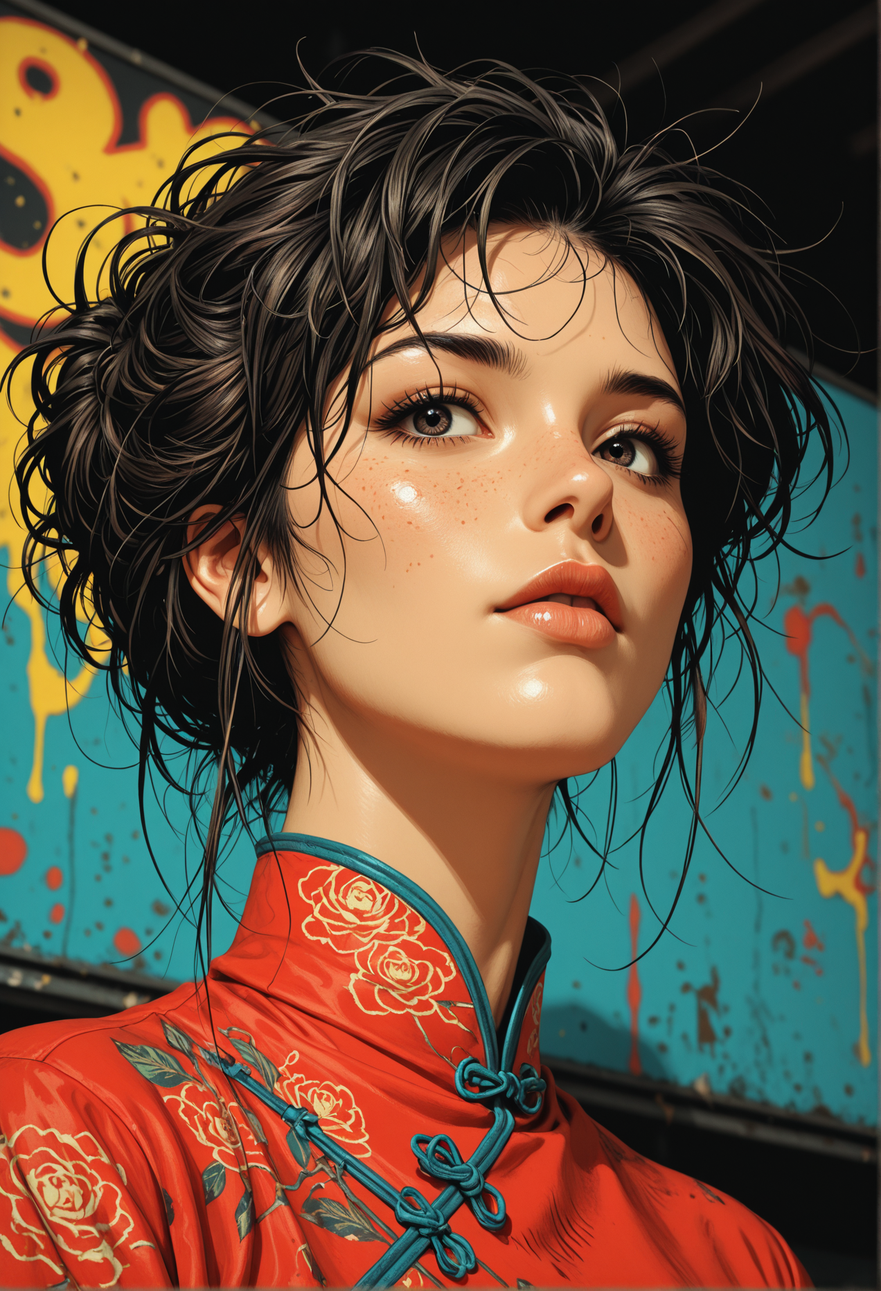 masterpiece, detailed_eyes, high_quality, best_quality, highres, subject_focus, depth_of_field,
1girl, chinese woman, messy_hair, short_hair, sporty, joy, grunge, retro, popart, from_below, tilted_angle, dynamic_angle,