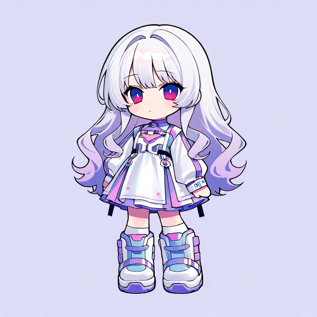highly detailed, mnct, 1girl, vibrant, long hair, dress, boots, simple background, chibi