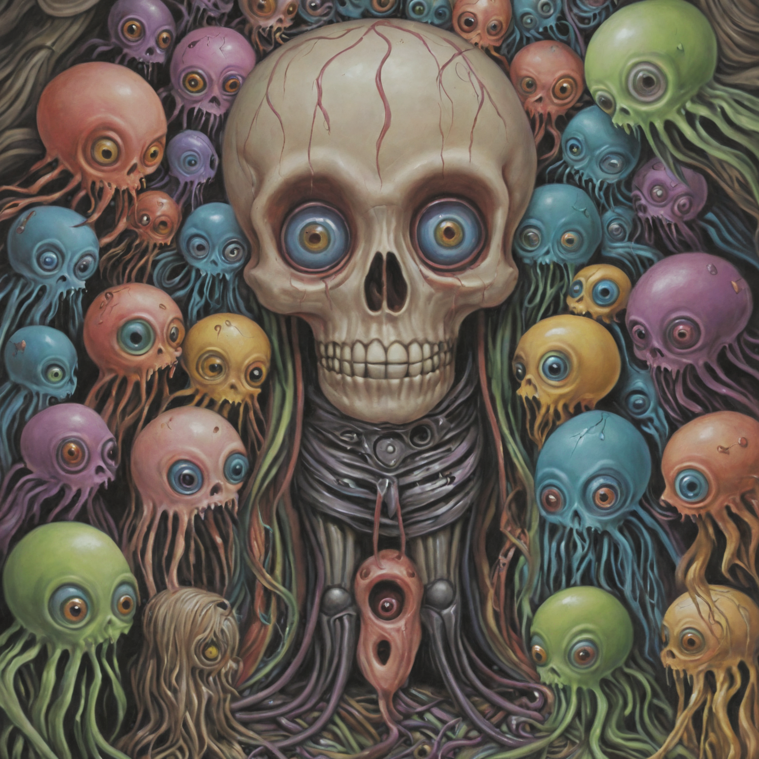a surreal image in lowbrow art style of monstrous arachnoid, fragile limbs, facetted eyes, nightmare, intricately ornamented chitin Rainbow armor, spooky monster, intimidating posture, drooling fangs, bedroom closet