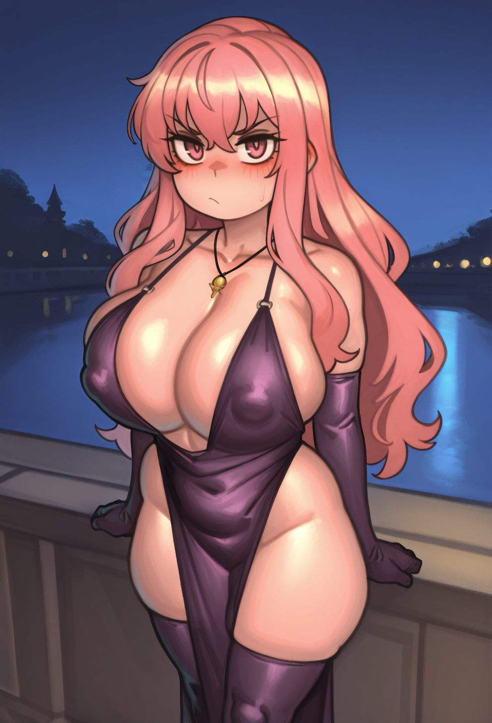 masterpiece, best quality,
 <lora:KelvinHiu:1> K3lv1nH10, 1girl, solo, standing, looking at viewer, blush, louise francoise le blanc de la valliere, pink hair, huge breasts, cocktail dress, revealing clothes, cleavage, collarbone, necklace, elbow gloves, thighhighs, covered nipples, outdoors, night,