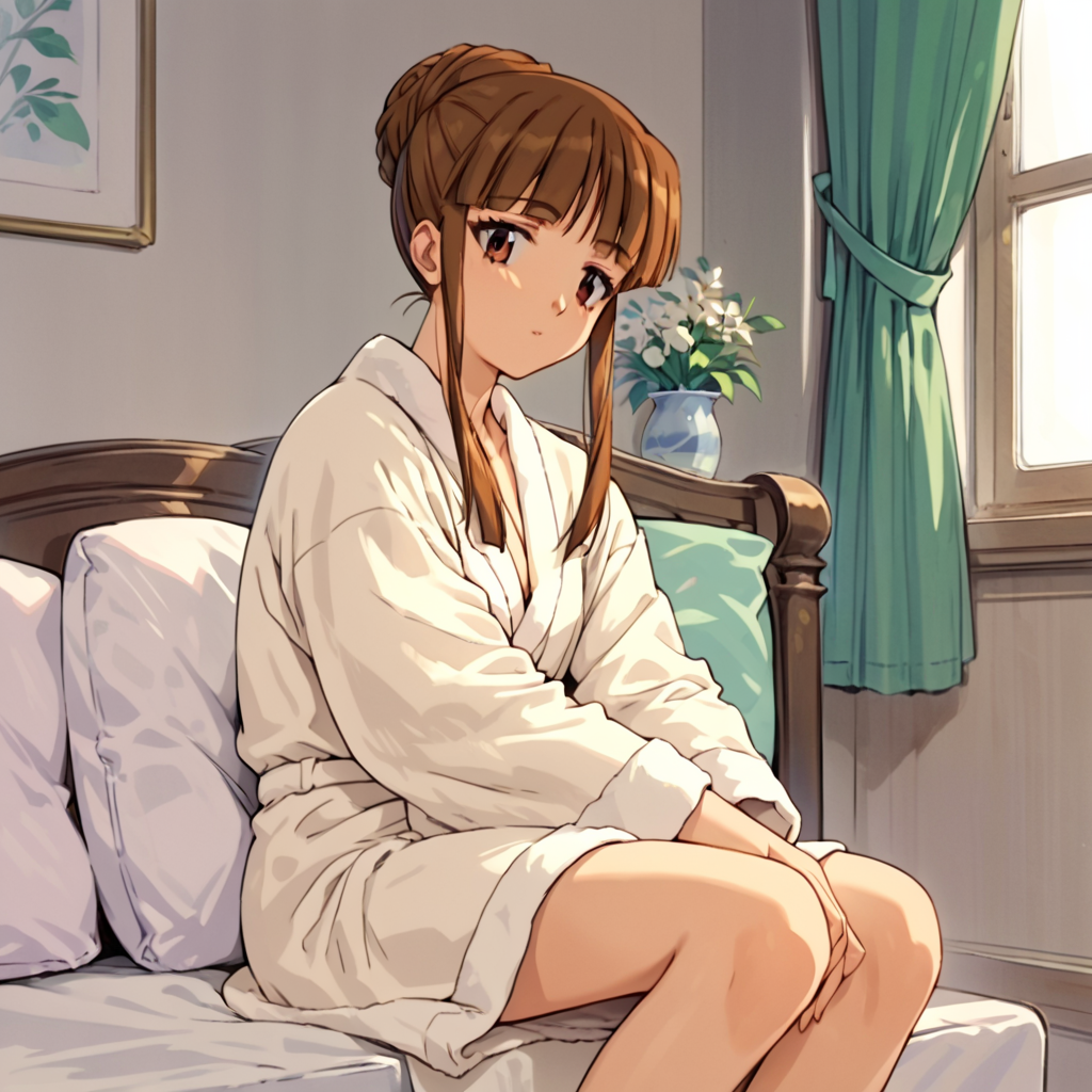 score_9, score_8_up, score_7_up, score_6_up, indoors,  <lora:Uruka_Sumeragi_ç_ããã_-_Steel_Angel_Kurumi_2_é¼éå¤©ä½¿ããã¿2å¼:1> uruka sumeragi, uruka, 1girl, solo, brown hair, long hair, blunt bangs, side locks, brown eyes, outfit-B, White bathrobe, Slippers, Single hair bun, sitting,