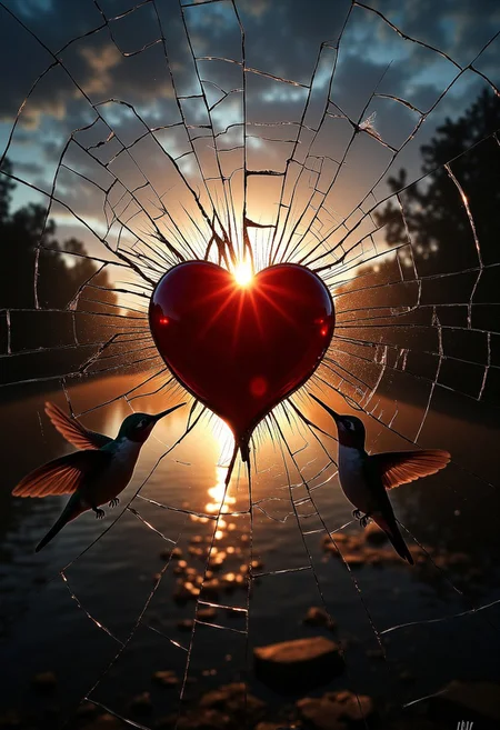 A Kodak Ektar analog film-style photograph capturing a serene lakeside at sunset, bathed in warm, golden hues. The centerpiece of the image is an intricately shattered glass pane, its jagged cracks refracting light in a mesmerizing display of broken beauty. Embedded within the shattered glass is a deep red, glossy heart, fractured yet still pulsing with warmth, its sharp edges and radiating cracks symbolizing both pain and resilience.
In the foreground, two humming birds reach toward each other from opposite sides, connected by delicate, torn threads, their fragile connection mirroring the emotional weight of the scene. The background is a dense, cracked texture, further enhancing the theme of love persisting through fragmentation. Some areas transition into deeper shadows, creating a sense of melancholy and longing, while the interplay of light and reflections in the glass adds depth to the composition.
This dark yet poetic digital artwork embodies the essence of "Shattered Love"—a story of beauty within the broken, love persisting beyond pain, and the fragile, haunting elegance of fractured emotions.