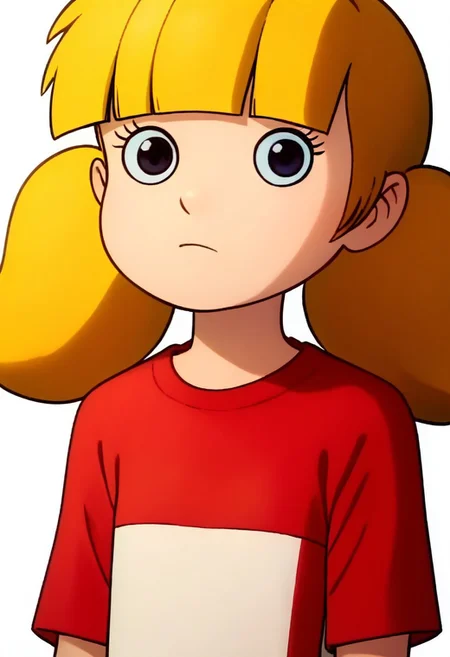 score_8, score_8_up, score_7_up, score_6_up, source_cartoon, BREAK, 1girl, solo, female focus, penny_ig, blonde hair, twintails, red shirt, stripe, flat chest, upper body, simple background, white background, o_o, meme, no mouth, looking at viewer