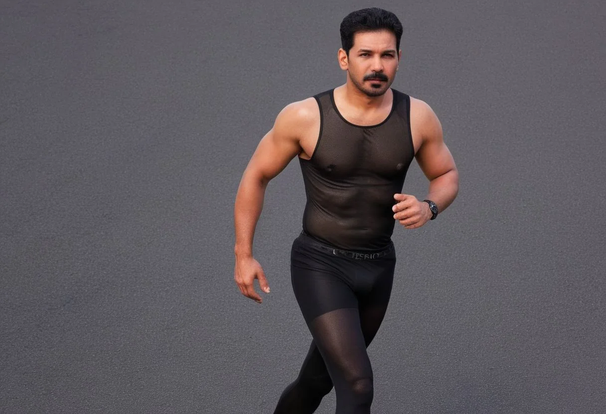 Homoerotic full body photograph of adam lambert a man <lora:abhinav-shukla_adam-lambert:1>, <lora:SMUXL_alpha_single:1>, smusmu, black sheer see-through tights, marathon running in street, full body, HDR, high quality, chest,