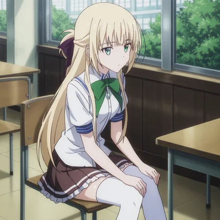 nsfw, masterpiece, best quality, 1girl, solo, magical_warfare_kurumi_lsoshima, sitting, on chair, thighhighs, blonde hair, school uniform, green eyes, long hair, skirt, white thighhighs, bow, anime coloring, sitting, brown skirt, short sleeves, ribbon, school, class, classmate, <lora:Kurumi_Isoshima_-_Magical_Warfare:0.7>
