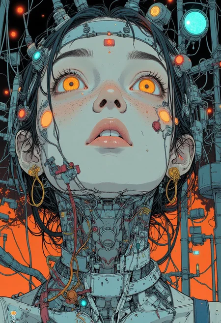(dutch angle:1.2),(view from below:1.4), oil art,by Ashley Wood, deep meaningful context backgrounds, young woman,