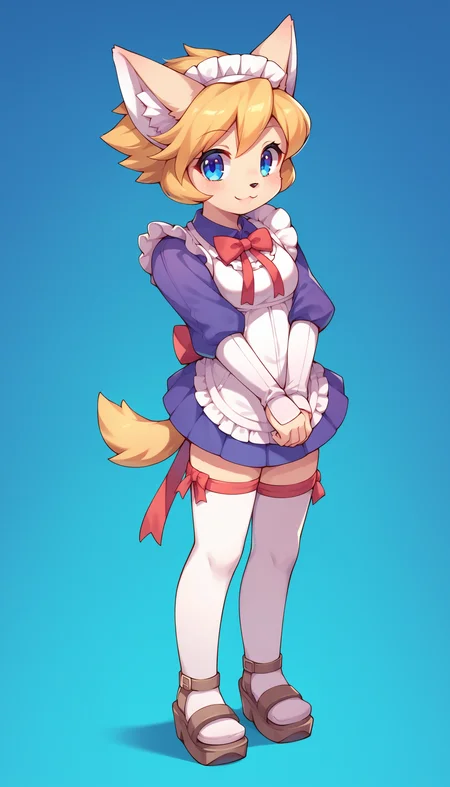 score_7_up, score_6_up, source_anime
BREAK
<lora:FloPDXL:1> floSR, full body, solo, 1girl, dog girl, standing, (straight-on:1.3), looking at viewer, hands between legs, hands together, furry female, blue eyes, animal ears, animal nose, tail, blonde hair, shiny hair, short hair, cute, maid, maid headdress, maid apron, frills, red bow, ribbon, puffy sleeves, thighhighs, leg ribbon, sandals, smile, zettai ryouiki, zPDXL2, gradient background, blue background