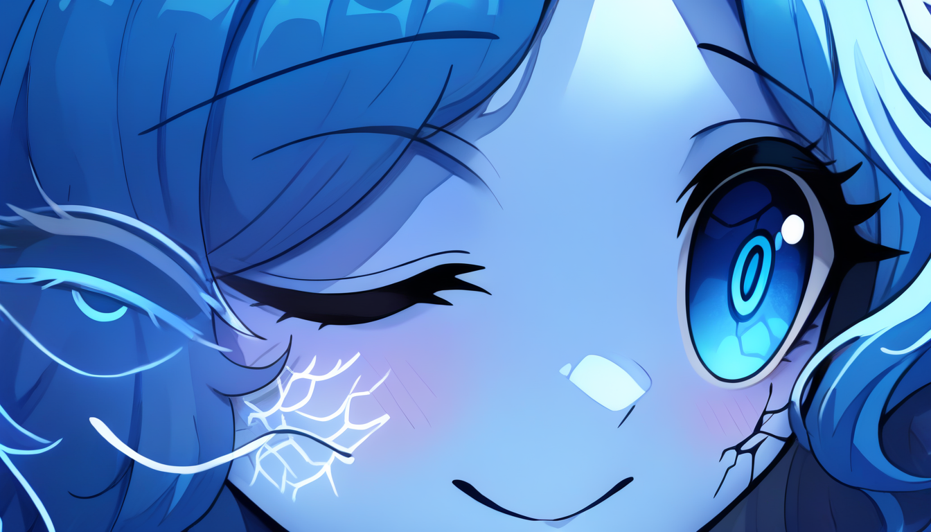 masterpiece, best quality, newest, absurdres, highres, eye focus, close-up, smile, closed mouth, portrait,  <lora:StareMeme_illusXLNoobAI_Incrs_v1-000008:0.9>, 1girl,  <lora:Ranni_illusXLNoobAI_Incrs_v1-000012:1> RnnDef, blue eyes, one eye closed, blue hair, wavy hair, extra faces, ghost face, blue skin, colored skin, cracked skin,