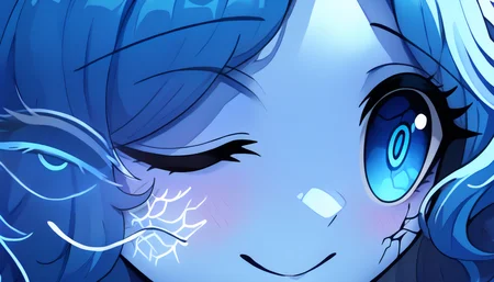 masterpiece, best quality, newest, absurdres, highres, eye focus, close-up, smile, closed mouth, portrait,  <lora:StareMeme_illusXLNoobAI_Incrs_v1-000008:0.9>, 1girl,  <lora:Ranni_illusXLNoobAI_Incrs_v1-000012:1> RnnDef, blue eyes, one eye closed, blue hair, wavy hair, extra faces, ghost face, blue skin, colored skin, cracked skin,