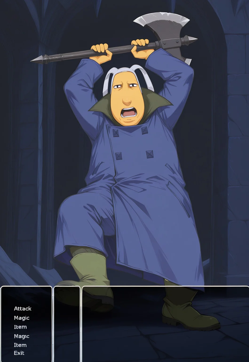rpg battle view,battle menu, dungeon, gray rabbit ears, yellow skin, blue coat, 1man, green boots, solo, holding axe, parody, scream, ezy&petr, best quality, arms up, action pose