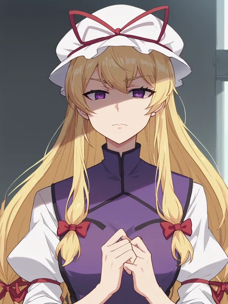 hard shadows, anime screencap, anime_core, score_9, score_8_up, score_7_up, anime screencap, 1girl, <lora:YakumoYukariV4:1> THYukari, mob cap, long blonde hair, hair ribbon, white dress, purple tabard, <lora:Fizintine_Art_Style_Pony_DIffusion:1> by fizintine