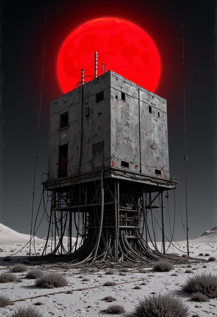 highly detailed, bland colors, brutalism, detailed pencil drawing with bold lines, the colors of the picture are: black white, grey, and bright red, a lot of black colors to show that there is a night, glowing red moon above in the night sky covers the picture with earie red light, intricate pipes and wires coming from the cube covers the ground, the artist is showing off his mastery by covering the whole picture with the details, UHD, best quality, ultra realistic, perfect cube sitting in the desert sand, intricate pipes and wires coming out from below the cube stripes on wires, a lot of wires and pipes,