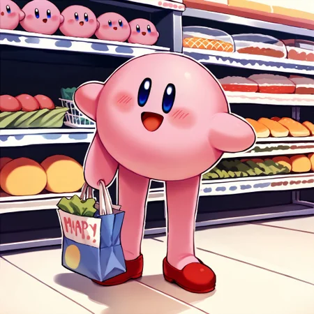score_9, score_8_up, score_7_up BREAK LongKirby, dark blue eyes, pink body, blush, red shoes, happy, shopping at supermarket, supermarket shopping, supermarket indoors, supermarket background,