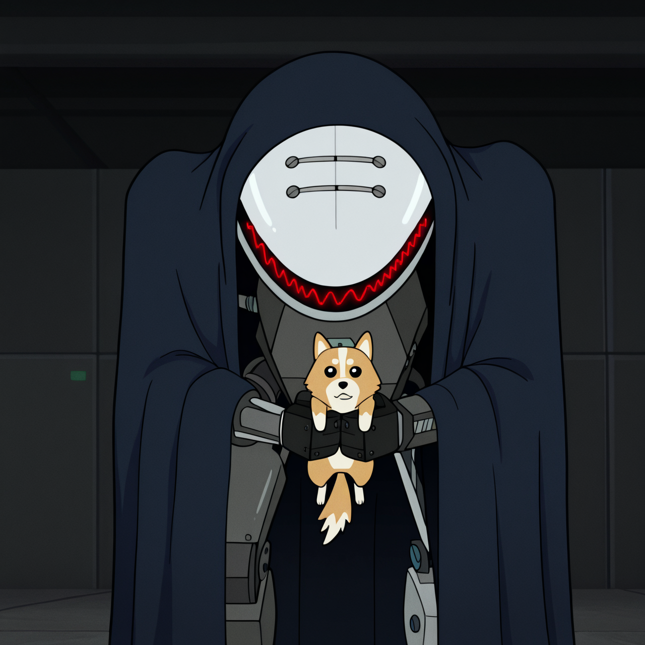 toon \(style\), ultra detailed, raytracing, masterpiece, best quality, highres, absurdres, itcond1, solo, robot, (big white head:1.4), no eyes, no mouth, neck of wires, blue cape, hood up, glowing red waveform facial mark, holding dog, <lora:itcond1illu_ep10:1>