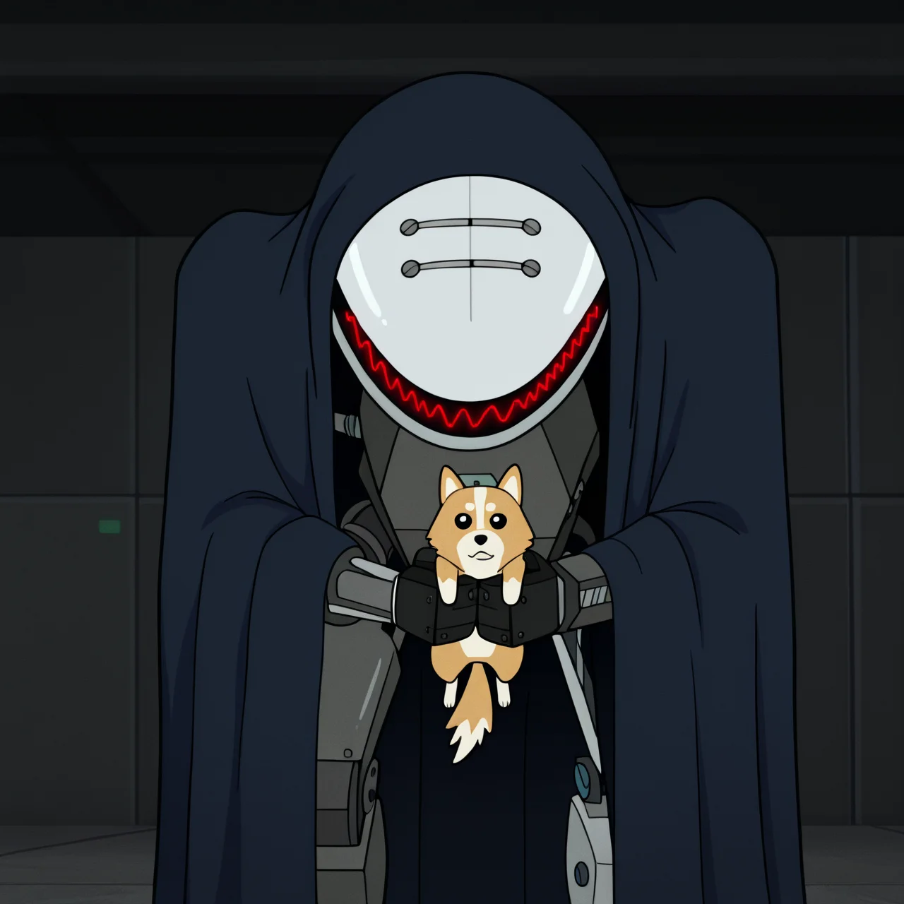toon \(style\), ultra detailed, raytracing, masterpiece, best quality, highres, absurdres, itcond1, solo, robot, (big white head:1.4), no eyes, no mouth, neck of wires, blue cape, hood up, glowing red waveform facial mark, holding dog, <lora:itcond1illu_ep10:1>