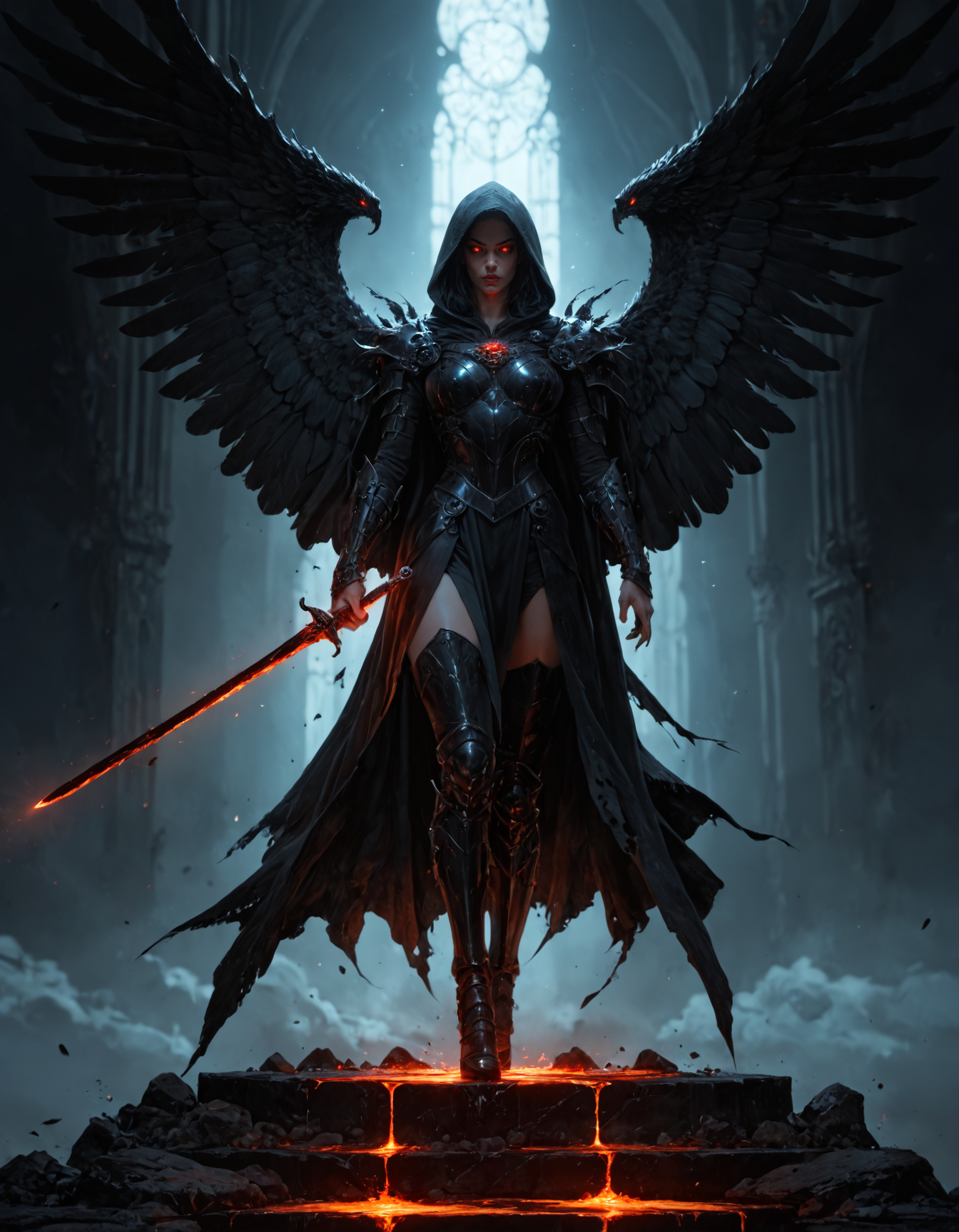 score_9, score_8_up, score_7_up, score_6_up, score_5_up, score_4_up,  artiangel, fierce young female seraphim with huge black wings, long  black hair, an incredibly beautiful face with detailed glowing eyes, full glossy lips, evil expression, wearing detailed black leather armor, long black cape,  hooded, powerful and dangerous,  holding a huge black  lava sword with glowing runes, highly dynamic full body shot,  in a dark dimly lit dungeon, atmospheric haze, highly dramatic lighting, highly detailed,  perfect composition, 
<lora:artiangel:0.5> artiangel, <lora:Fant5yP0ny:0.8>