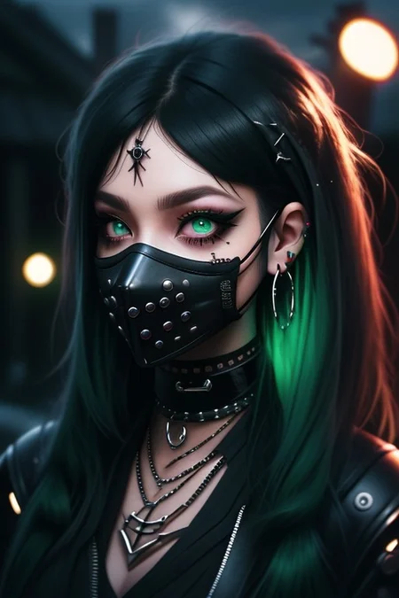 goth_punk, 1girl, solo, medium shot, riding green John deer tracker, ((night time)), bokeh, neon light, iridescent eyes, starry sky, long jet black hair, goth eyebrow, glowing hair, (iridescent black hair), earrings, bangs, spike choker, jewelry, mask, blunt bangs, green eyes, mouth mask, farm Iowa background, blurry, hair ornament, looking at viewer, short hair, portrait, sidelocks, easynegative, negative_hand, fantfa