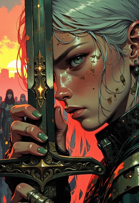A close-up of a grief-stricken warrior's face, her emerald-green eyes glistening with tears that streak down her pale, dirt-smeared cheeks. Strands of silver hair cling to her face, damp from sweat and sorrow. Her trembling hands clutch the hilt of a broken sword pressed against her forehead, its glowing runes flickering faintly, casting soft, mournful light across her features. The background fades into a blurred haze of crimson and amber from a burning sunset, with faint silhouettes of comrades barely visible. The focus is intensely dramatic, capturing every detail of her anguish and the weight of loss etched into her expression.