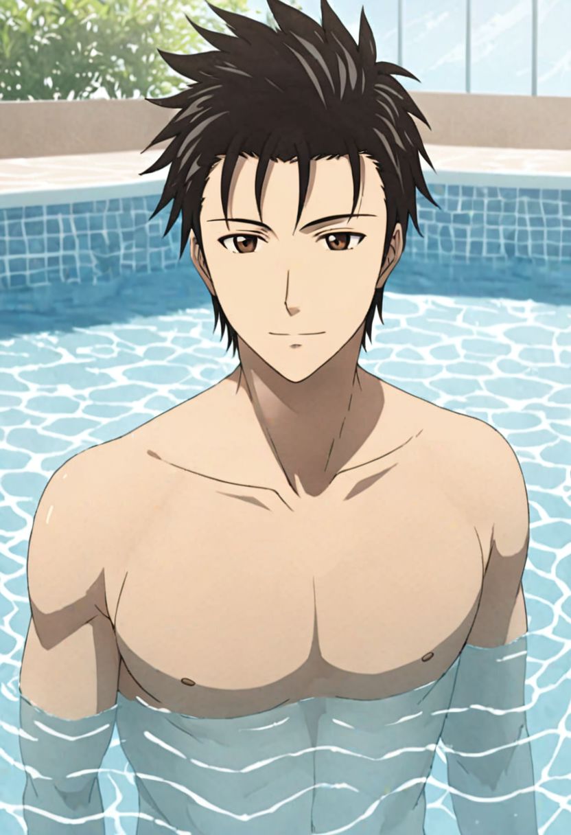 solo, 1boy, detailed_eye_model, easynegative, Soujirou Agata, Brown Eyes, Black Hair, swimming pool, clear water, swimming, happy, calm, shirtless,