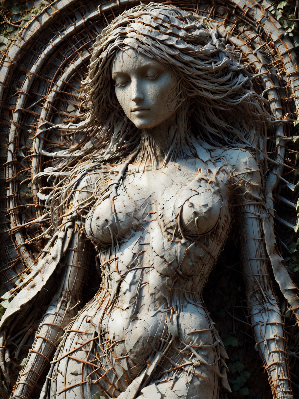 statue of a woman made of mad-rnfcnct covered in mad-efeu, in the style of alphonse mucha  <lora:Derilict_Concret_SDXL:1.2>  <lora:Ivy_SDXL:0.6>, (masterpiece:1.2), best quality, (hyperdetailed, highest detailed:1.2), high resolution textures