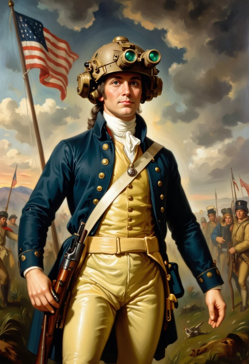 a george washington wearing a modern military helmet equipped with night vision goggles, the helmet is tan and has communiction equipment, the night vision goggles are two tubes with green lenses, standing victorious on a battlefield wearing american revolution militia uniform, holding traditional flintlock musket, american flag flying in the background, oil painting