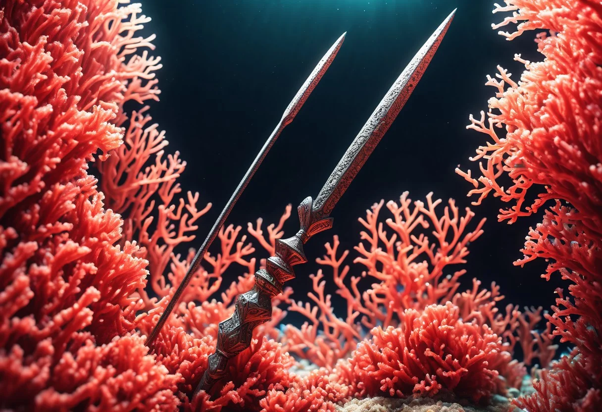 a spear made out of Coral, portrait, enhanced background, creative, beautiful, vibrant, masterpiece, 8k, Ultra HD, amazing details, amazing quality, amazing artist, sharp edges, detailed textures, full view, atmospheric lighting, amazing visuals <lora:coralbugXL:1>