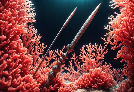 a spear made out of Coral, portrait, enhanced background, creative, beautiful, vibrant, masterpiece, 8k, Ultra HD, amazing details, amazing quality, amazing artist, sharp edges, detailed textures, full view, atmospheric lighting, amazing visuals <lora:coralbugXL:1>