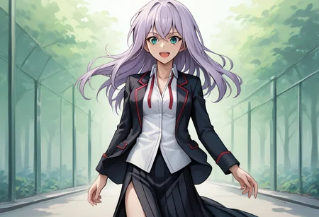 score_9, score_8_up, score_7_up, source_anime, good anatomy, 1girl, solo, MisakiTokura, lavender hair, cyan eyes, long hair, MisakiUniform, uniform, open clothe, open blazer, black blazer with red trim, white shirt, red ribbon, long skirt, side slit, boots, standing, smiling, open mouth, thigh