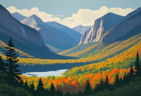 Silkscreen, ((WPA style)), (national parks style), vivid natural colors, limited color palette, painting, (Franconia Notch)