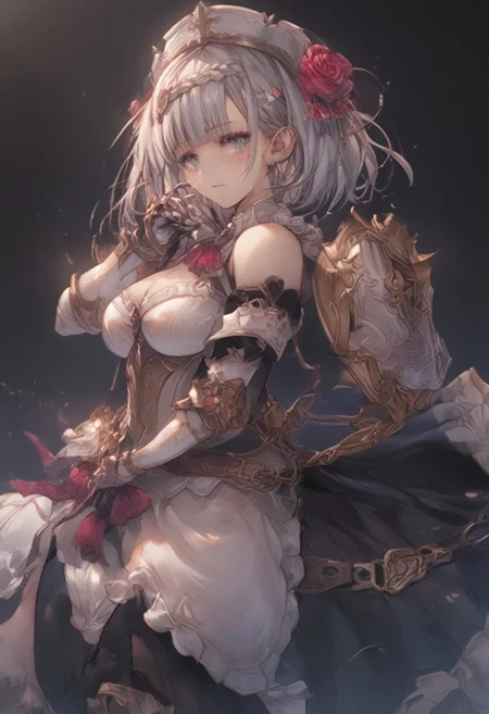 score_9, score_8_up, score_7_up, score_6_up, score_5_up,
nldf, green eyes, grey hair, short hair, braid, blunt bangs, hair ornament, maid headdress, hair flower, red rose, pink ascot, breastplate, breasts, cleavage, bodystocking, shoulder armor, single shoulder pad, armored dress, white gauntlets, belt, maid apron, pantyhose, armored boots,mature face,29 years-old,
,standing,(large breasts:0.6),from side:1(fromfront:0.5),
 dramatic pose,black background,simple background,masterpiece, best quality, sharp_details, game_cg