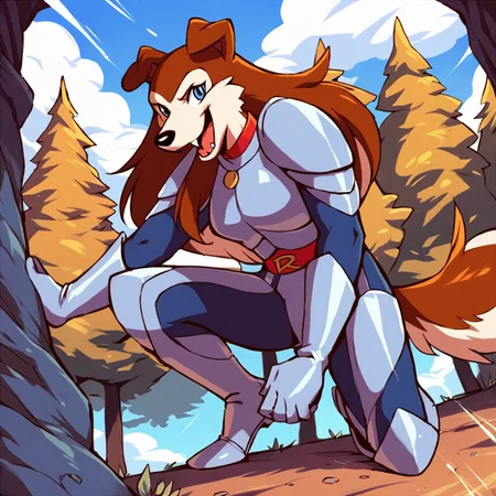 score_9, score_8_up, score_7_up, score_6_up, score_5_up, score_4_up, (Source furry), (rating safe), <lora:ColleenXL:0.8>,solo, open mouth, brown hair, gloves, tail, full body, boots, outdoors, sky, day, cloud, armor, tree, bodysuit, fangs, dog girl, collar, colleen, blue eyes, two-tone hair, two-tone fur, furry, furry female, long hair