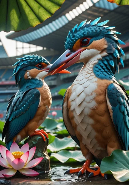 (animal:(Kingfisher:1.33), (Chimera:1.24)), (mood: (Seductive:1.43), sultry gaze, slightly parted lips, hint of smile) , , (location:(lil pad, Lotus leaves:1.29) (graveyard:0.56),(stadium:1.27)), (epic:1.2), trending on artstation, (high quality:1.2), (masterpiece:1.2), high details, incredibly absurdres, colorful), ,,,,(Toriyama Akira Style:0.95), , (comp_right:1.31)