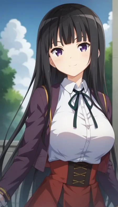 score_9,score_8_up,score_7_up,score_6_up BREAK official art,solo,outdoors,upper body,(portrait:1.5),looking at viewer,facing viewer,smile,blush,(petite:2),Kotoko Miura,very long hair,black hair,hime cut,blunt bangs,purple eyes,school uniform,purple jacket,white shirt,collared shirt,neck ribbon,black ribbon,large breasts,underbust,long sleeves,shirt tucked in,red skirt,high-waist skirt,black socks,uwabaki,white footwear,<lora:Kotoko Miura(jk ohaborssg)-Pony:1.4>,