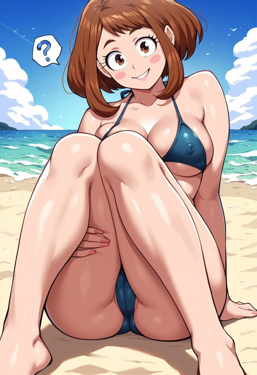 score_9,score_8_up,score_7_up,score_6_up,score_5_up,score_4_up, Ochako Uraraka (My Hero Academia), 1girl, bikini, large breasts, slender waist, thick thighs, cameltoe, nipple bulge, smiling, ?, sitting, legs out, beach, sandy,