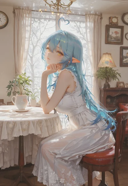 masterpiece, best quality, hyper-realistic, ultra-HD, luminous lighting, cinematic ambiance, shimmering gradients, ethereal glow, deep contrast, rich color tones, seductive atmosphere, captivating sensuality, Cinematic Lighting, raytracing, volumetric lighting, ambient occlusion, very awa, absurdres, amazing quality, ultra-detailed,8K,illustration,CG,
BREAK
shiny hair,clear skin,ultra-detailed-eyes,simple background,cute girl, eyelashes, slender, long hair, large breasts, (mature female), slim body, long lushes, long legs, flat stomach, enchanting eyes, usnr, 748cmstyle,
BREAK
"kissaten", japanese cafe, sitting, indoors, window, chair, table, scenery, lamp, painting \(object\), stained glass, sunlight, plant, couch, wooden floor, clock, potted plant, lamp, curtains, vase, flower pot, flower, tree, cup, reflection, ceiling light, stool, shelf, tablecloth,
BREAK
YukihanaLamy, blue hair, long hair, heart ahoge, sleeveless dress, close-up, from side, looking at viewer, hand_on_own_chin, see-through, breast pocket, white dress, long skirt,