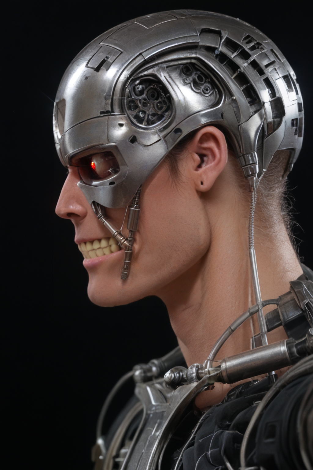 T800_Endo, Terminator robot, score_9, score_8_up, score_7_up, (source_IRL, source_movie), cinematic, realistic, masterpiece, high quality, highres RAW photo, ((extreme close-up, close-up shot, close-up head shot, side profile view, from the side))
a T800_Endo Terminator Robot with red eyes, he is made of metal, he is made of shiny chrome metal, new, clean, <lora:T800_Endo_Terminator_Pony-000010:1>
(standing)
black background
dynamic lighting, highly detailed, intricate details