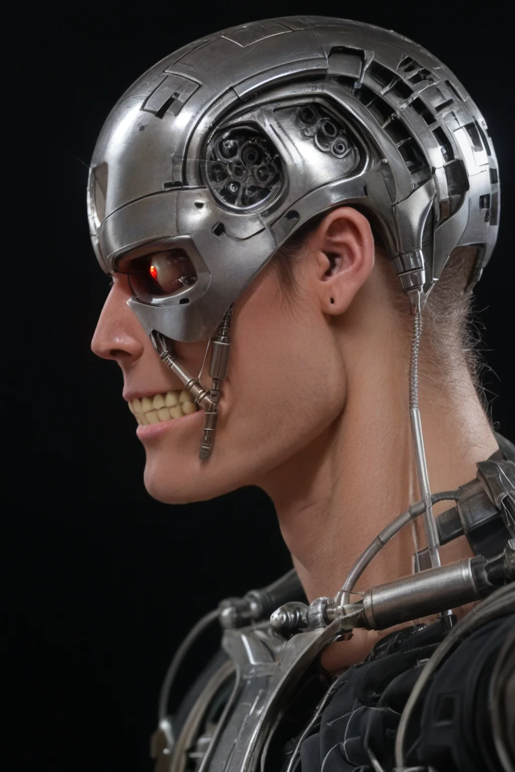 T800_Endo, Terminator robot, score_9, score_8_up, score_7_up, (source_IRL, source_movie), cinematic, realistic, masterpiece, high quality, highres RAW photo, ((extreme close-up, close-up shot, close-up head shot, side profile view, from the side))
a T800_Endo Terminator Robot with red eyes, he is made of metal, he is made of shiny chrome metal, new, clean, <lora:T800_Endo_Terminator_Pony-000010:1>
(standing)
black background
dynamic lighting, highly detailed, intricate details