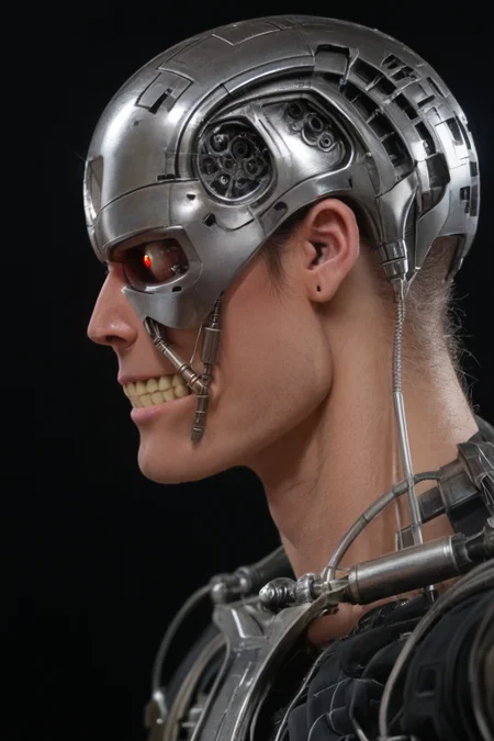 T800_Endo, Terminator robot, score_9, score_8_up, score_7_up, (source_IRL, source_movie), cinematic, realistic, masterpiece, high quality, highres RAW photo, ((extreme close-up, close-up shot, close-up head shot, side profile view, from the side))
a T800_Endo Terminator Robot with red eyes, he is made of metal, he is made of shiny chrome metal, new, clean, <lora:T800_Endo_Terminator_Pony-000010:1>
(standing)
black background
dynamic lighting, highly detailed, intricate details