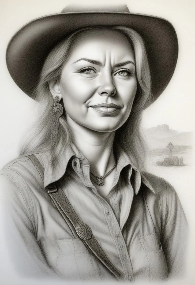 A girl with large eyes and fair skin. She is dressed in a stylish, wild-west-inspired outfit, wearing a long-sleeved blue shirt with many buttons and brown suspenders. Her hair is blonde and slightly messy. She is smiling brightly. Her shirt is unbuttoned to reveal a deep cleavage. She is wearing a white Stetson and a pendant. The background of the image is a Wild West town at noon. Jed-Pen
